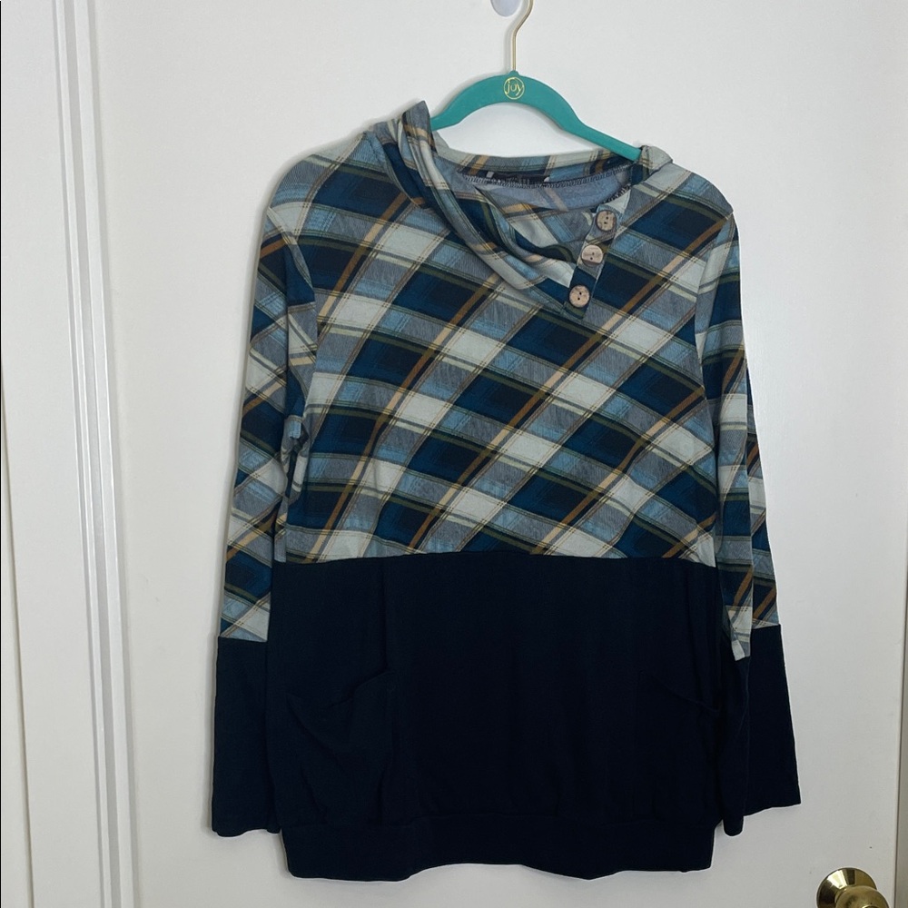 Blue Plaid Cowl Neck Sweater with Buttons